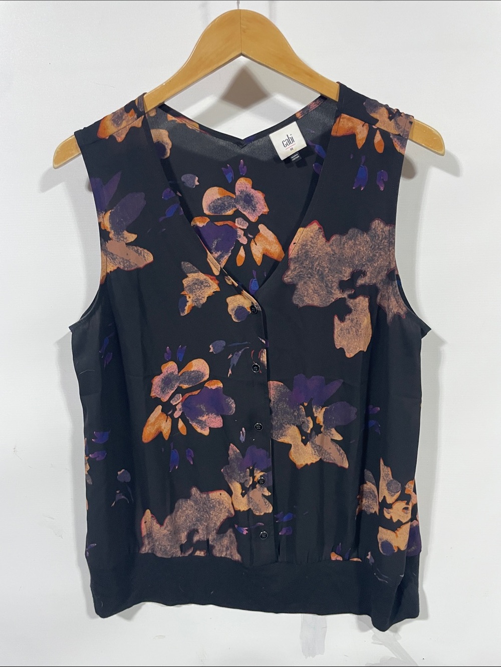 cabi Black Floral Sleeveless Button-Front Top